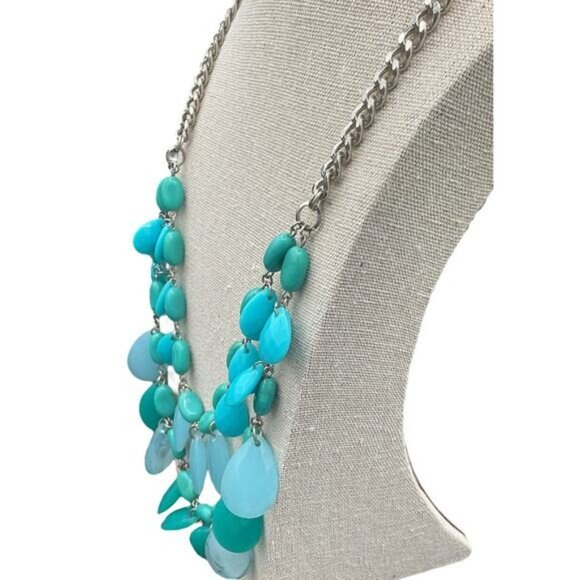 Layered Teardrop Stone Necklace With Silver Tone Chain Turquoise Accents - Picture 7 of 9